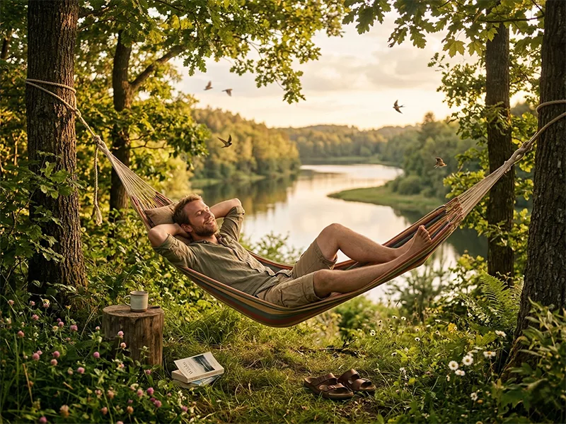 Person relaxing peacefully in a hammock by a lake, golden sunshine, no phone in sight