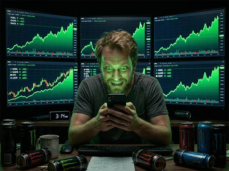 Person hunched over phone at 3 AM, face lit green by screens showing charts, energy drink cans everywhere