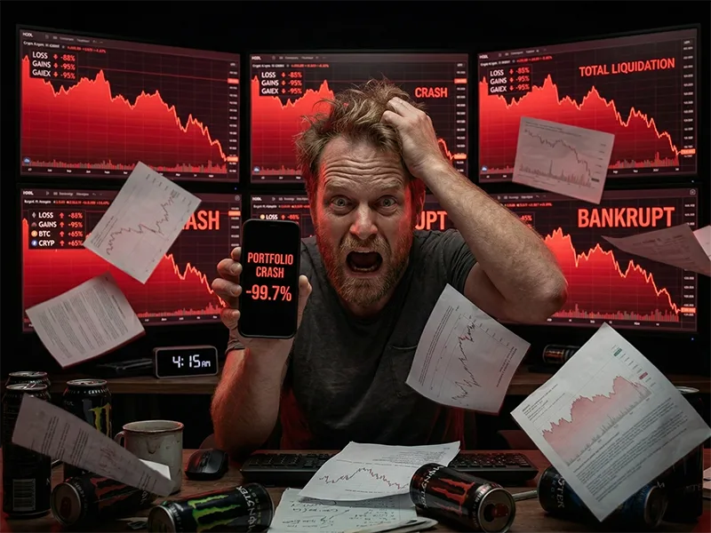 Person screaming in front of screens showing red crashing charts, papers flying, pure devastation
