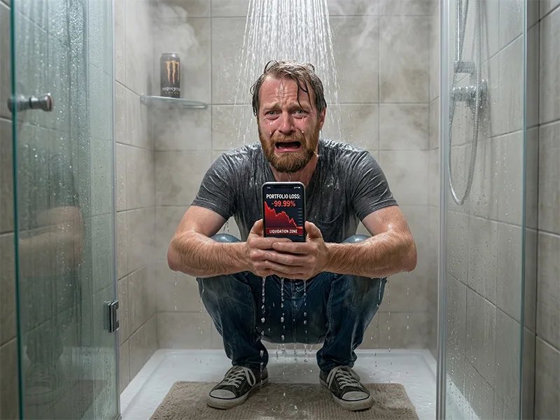 Person sitting fully clothed in a shower, water pouring over them, staring at phone showing red chart