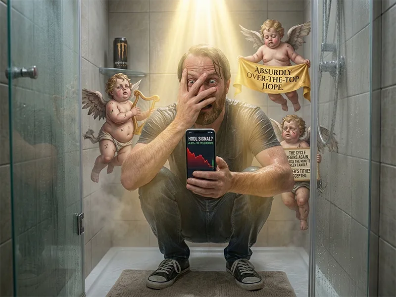 Person peeking at phone through fingers with satirical angels surrounding them, golden light from above
